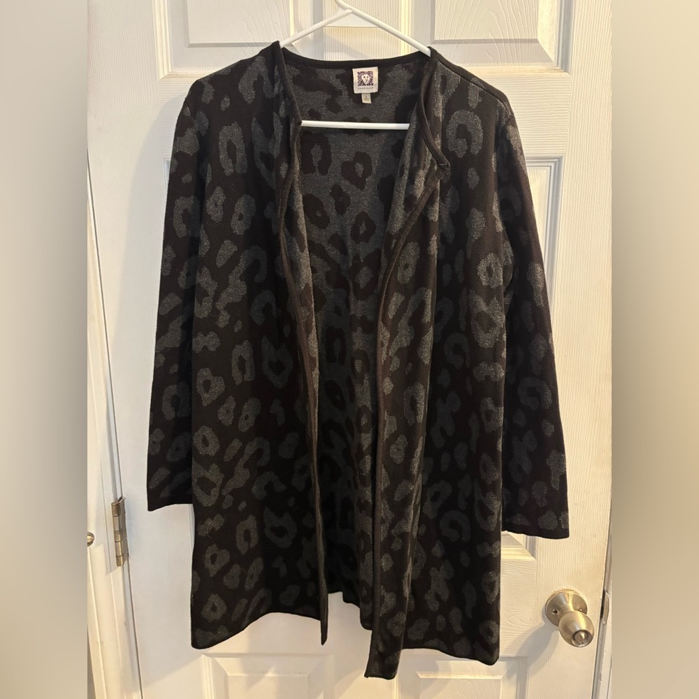 Anne Klein Leopard Print Open Front Cardigan - Charcoal & Black - Size S